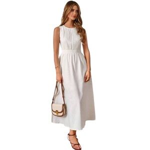 SHEIN Frenchy Modest Solid Pleated Detail Sleveless A-line White Dress